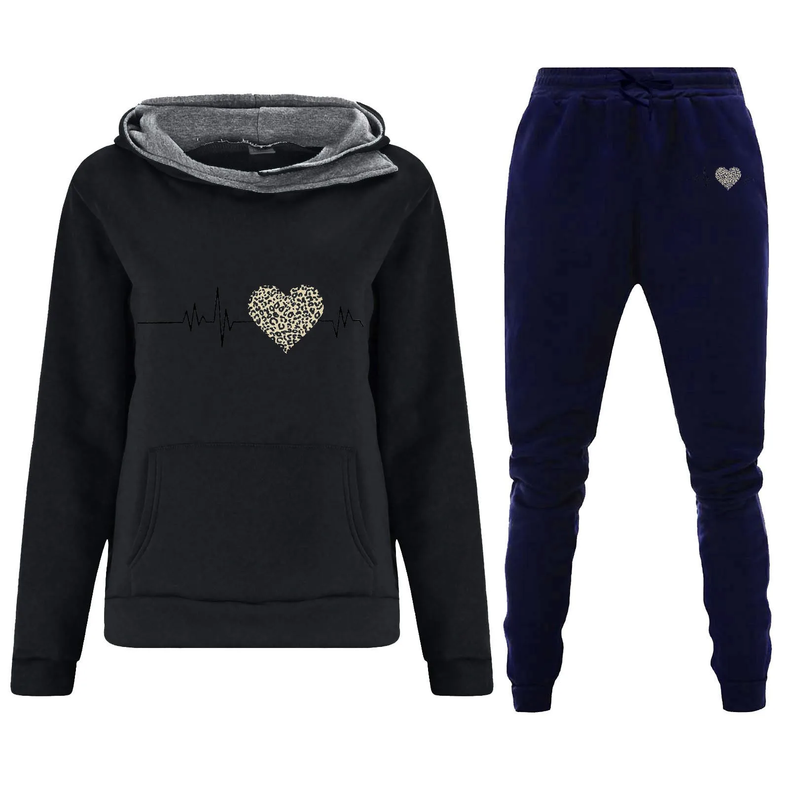 Women Fleece Tracksuit Autumn Winter Heartbeat Printed Hooded Sweatshirt Elastic Waist Sweatpant Thicken Thermal Fit Hoodie Sets