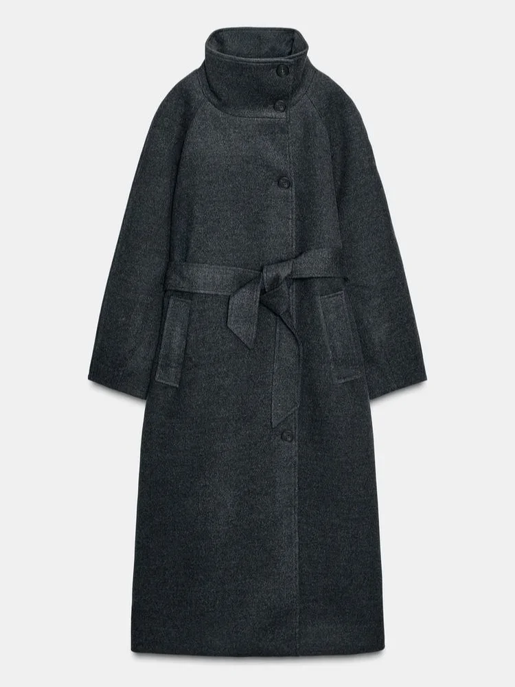 Mode Damen Grau Stehkragen Langer Mantel mit Krawatte Taille Volle Ärmel Wollmischung Vintage Lady Winter Oberbekleidung High Street Outfit – Detail 1