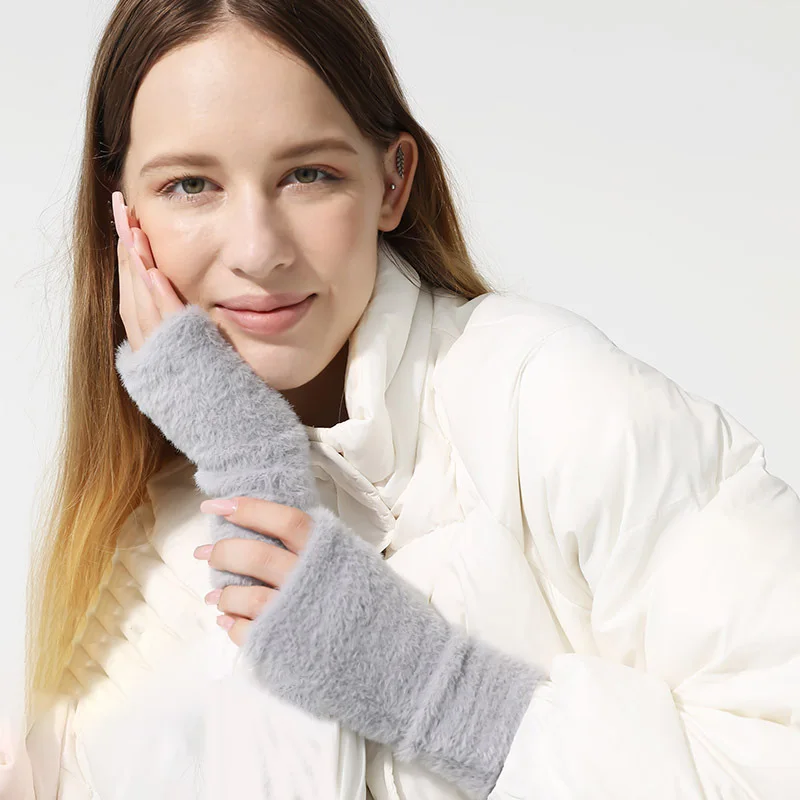 

Solid Color Thickened Faux Mink Fur Fingerless Gloves Women's Winter Wrist Warmer Mittens New Trendy Warm Writing Plush Gloves