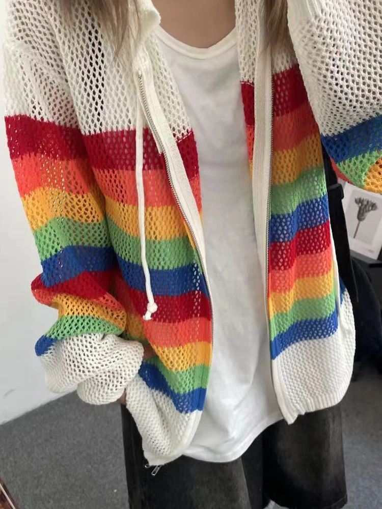 Fashion Rainbow Striped Knitted Cardigans Men Hoodie Autumn Trendy Patchwork Hollow Out Mesh Hooded Jackets Mens Outerwear
