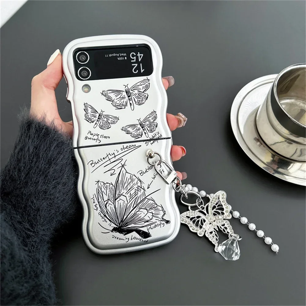 Fashion Butterfly Matte Silver Phone Case with Wave Border and Pendant Cover