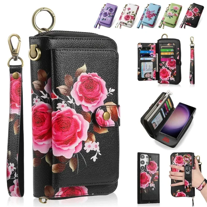 

Magnetic Lanyard Leather Zipper Wallet Card Phone Case for Samsung Galaxy S24 S23 Ultra S22 Plus Note 20 Flip Holder Cover Bag