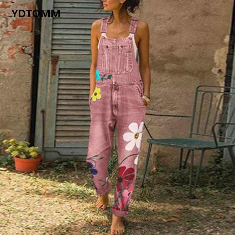 Denim Jumpsuits for Women 2022 Vintage Sleeveless Spaghetti Strap Floral Print Jeans Overalls Ladies Casual Long Jumpsuit