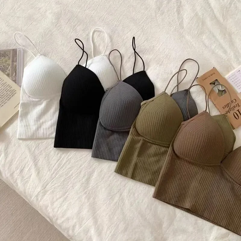 Nuevos productos de primavera y verano, chaleco Halter pequeño con copa fija de una pieza, encuadernación en el pecho, ropa exterior, Top sin tirantes con suela