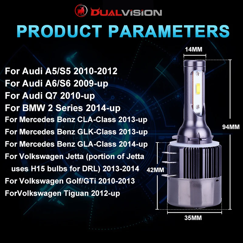 Dualvision H15 CANBUS V-W 16000LM 90W 6000K CSP turbo Error Free LED Car Lights Replacement Headlight fog light bulb