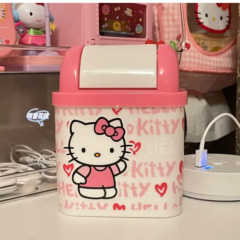 Hellokitty Desktop Trash Can Kawaii Cute With Cover Creative Mini Bedroom Home Countertop Storage Student Girls Room Decortion