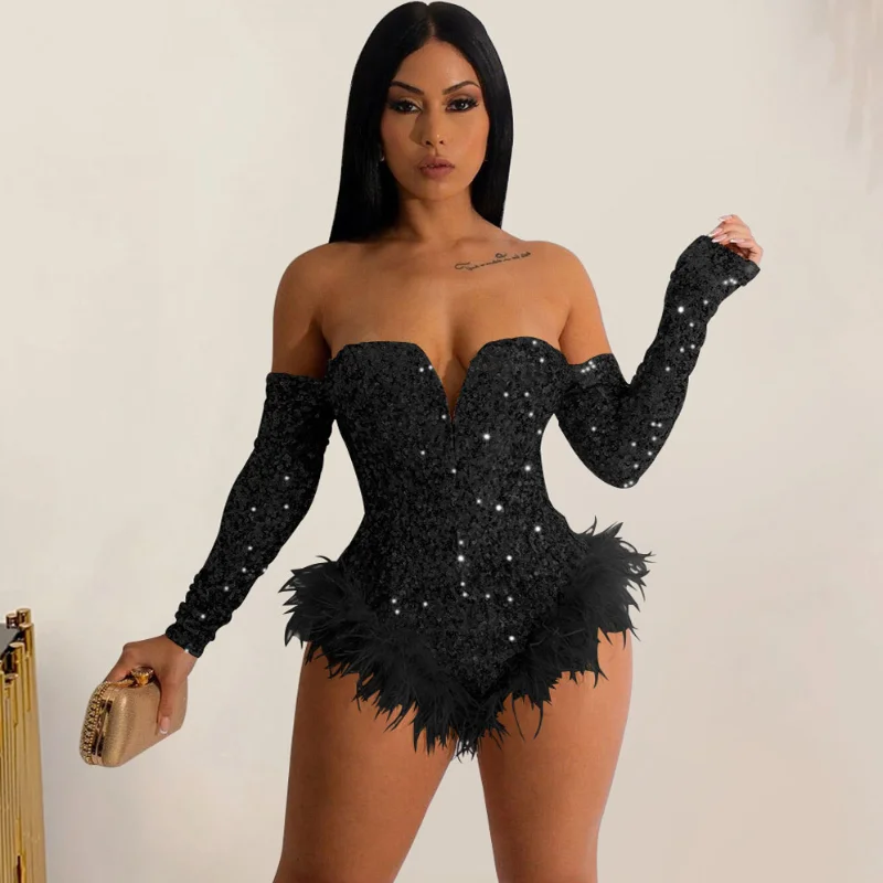 Silver Gold Sequin Feather Bodysuits Women Strapless Body Suit Tops Club Rompers Party Nightclub Sexy Bodycon Corset Jumpsuits