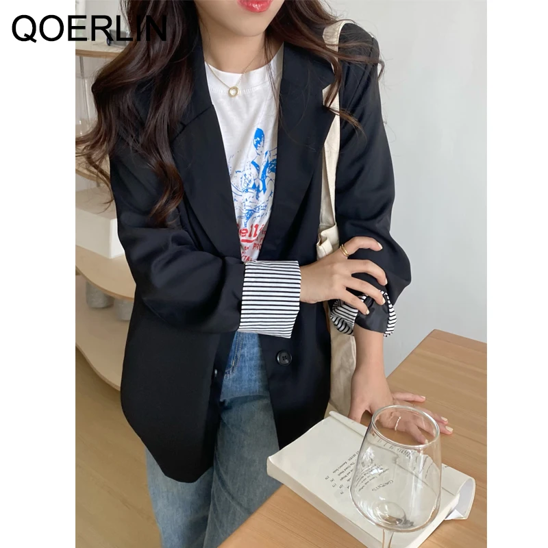 QOERLIN High Quality Oversize Blazer Women Spring Summer Double-Breasted Black Jacket Coat Full Sleeve Apricot Suit Coat Office