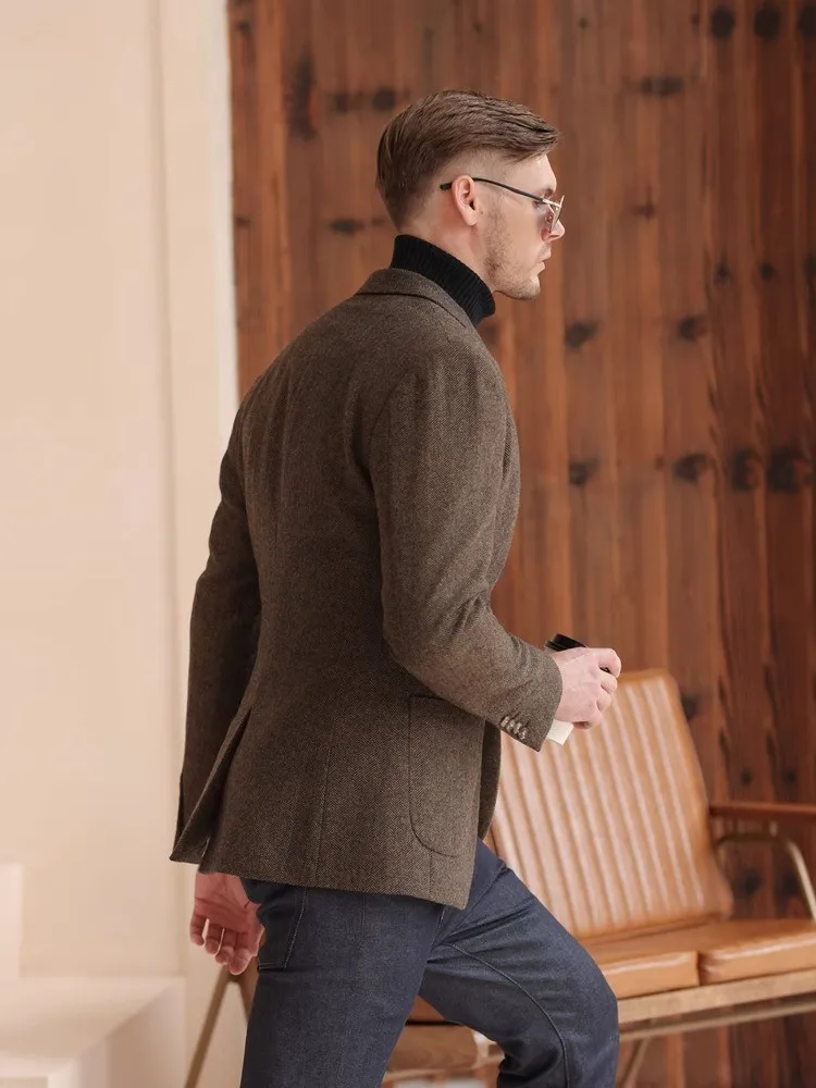 Herbst und Winter verdickter Retro-Anzug aus grober Wolle, Business-Casual, britischer Stil, Anzugjacke mit Fischgrätenmuster für Herren – Detail 5