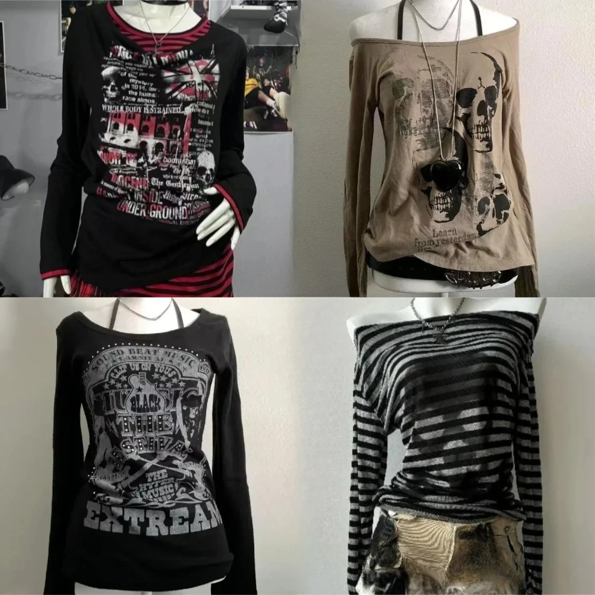 เสื้อยืดวินเทจผู้หญิง ลายกราฟิก แขนยาว แนว Punk Gothic