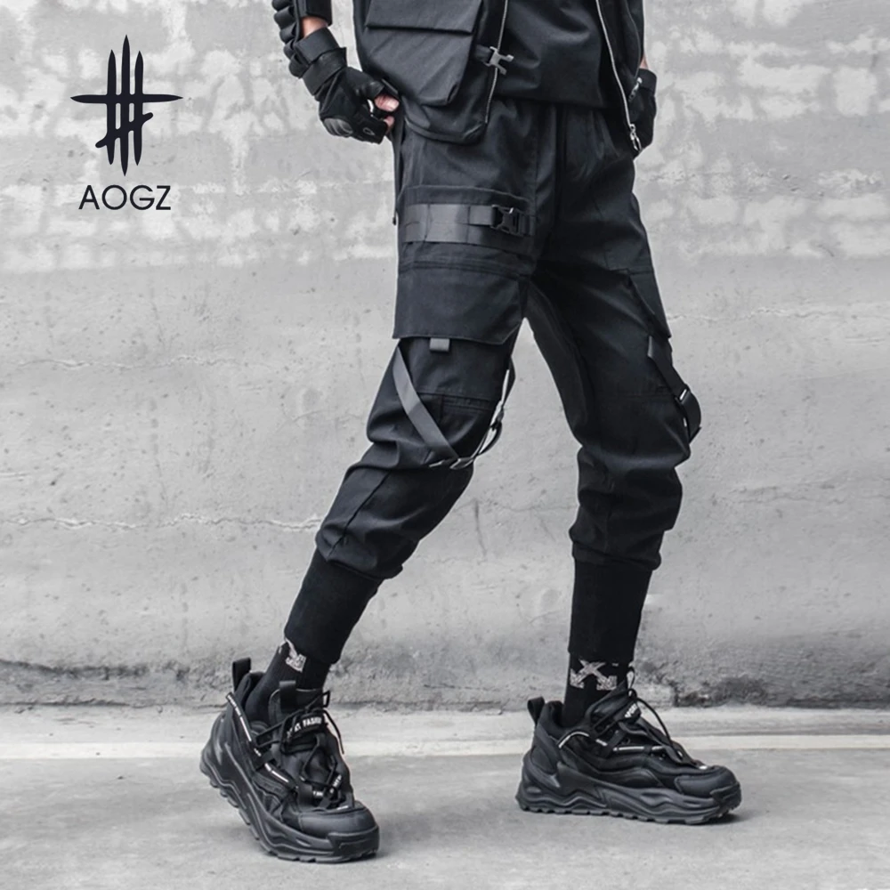 

AOGZ Casual Loose Cargo Pants Hip Hop Loose Casual Pants Harajuku Side Ribbons Sweatpants Trousers Techwear Joggers Streetwear