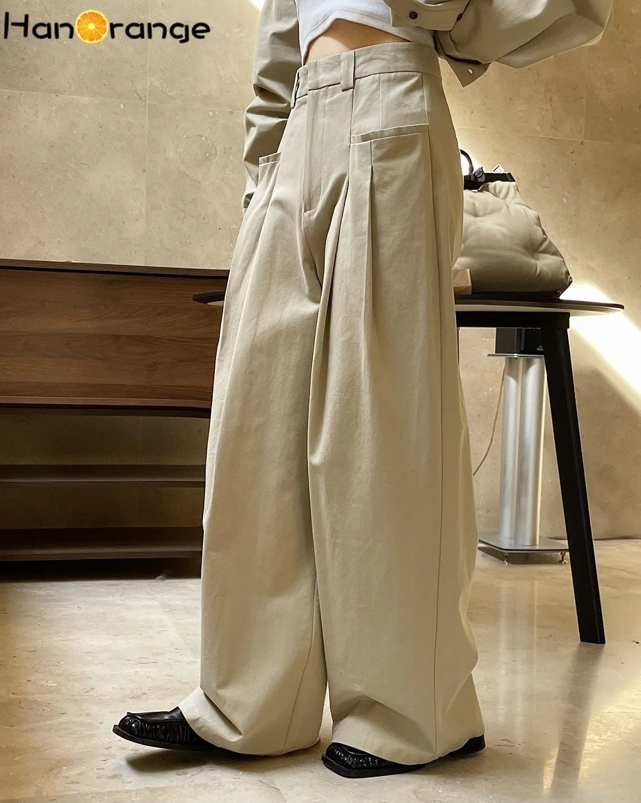 HanOrange 2024 Spring Fashion Double Pleated Design Wide Leg Pants Women Lazy Loose Silhouette High Waist Casual Trousers Female spring and autumn light color trend simple lazy straight trousers women s pants high waist jeans zipper women s cow pants