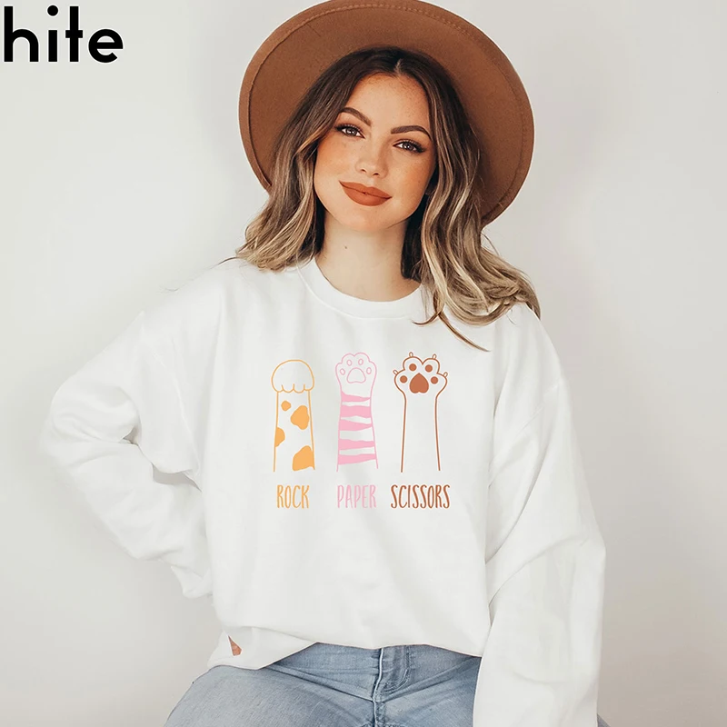 여성용 바위 종이 가위 스웨트 셔츠, 재미있는 개 발 인쇄 숙녀 점퍼, 하라주쿠 코튼 긴 소매 후드, 카와이 의류