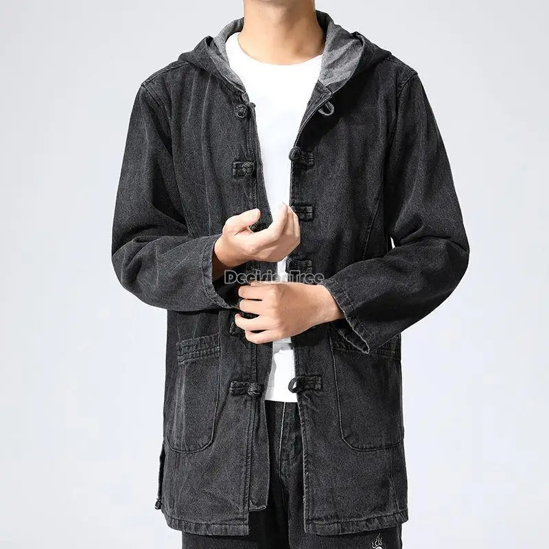 

2023 chinese style cowboy hooded jacket men's casual standing collar vintage fashion embroidery tang suit men's casual jacket w4