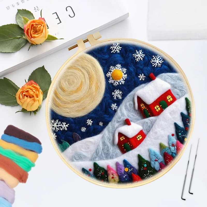 CHENISTORY Wool Felting Painting Winter House Landscape Kit Diy Funny Wool Needle Felt Picture Snowman Kit Craft Christmas Gift