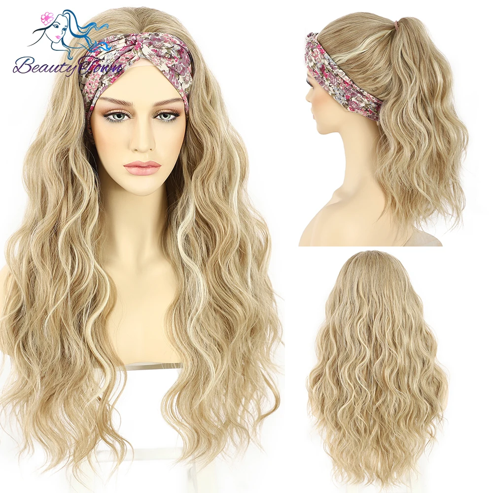 Honey Blonde Synthetic Headband Wig For Women White Highlight Long Curly Wig Glueless Natural Hair Cosplay Party Heat Resistant