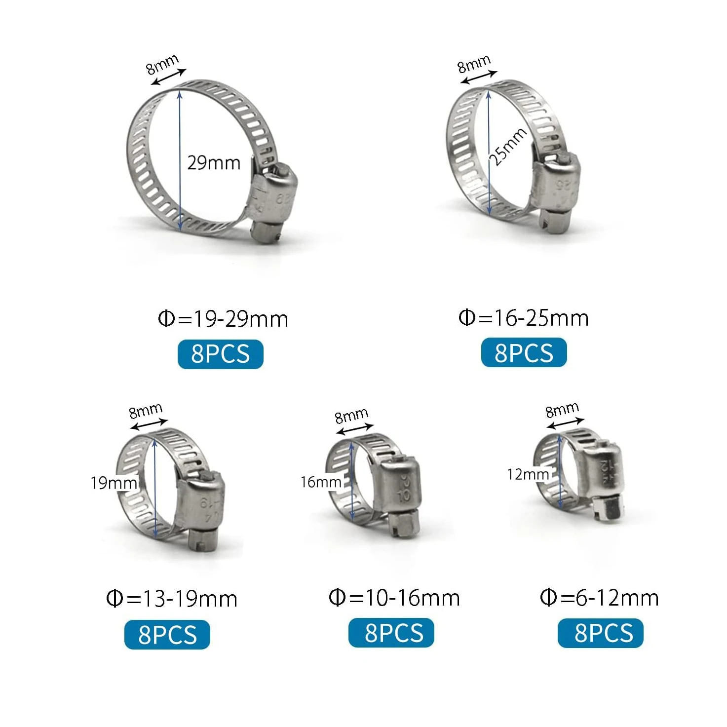Throat Clamps 40pcs box-packed 8-29mm stainless steel American style throat clamp box clamp combination ring ring joint