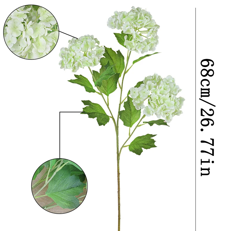 Artificial Flowers Real Touch 3 Heads Small Hydrangea Flowers Branch with Green Leaves Silk for DIY Wedding Home Room Decoratio