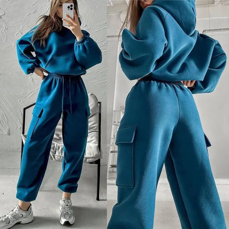 Women Hooded Tracksuit Two Pieces Set Sweatshirts Pullover Hoodies Pockets Pants Suit Drawstring Trousers Sports Outfits Autumn adagirl blue cargo jeans women harajuku vintage baggy pockets straight casual denim trousers y2k slouchy wide leg cowgirl pants