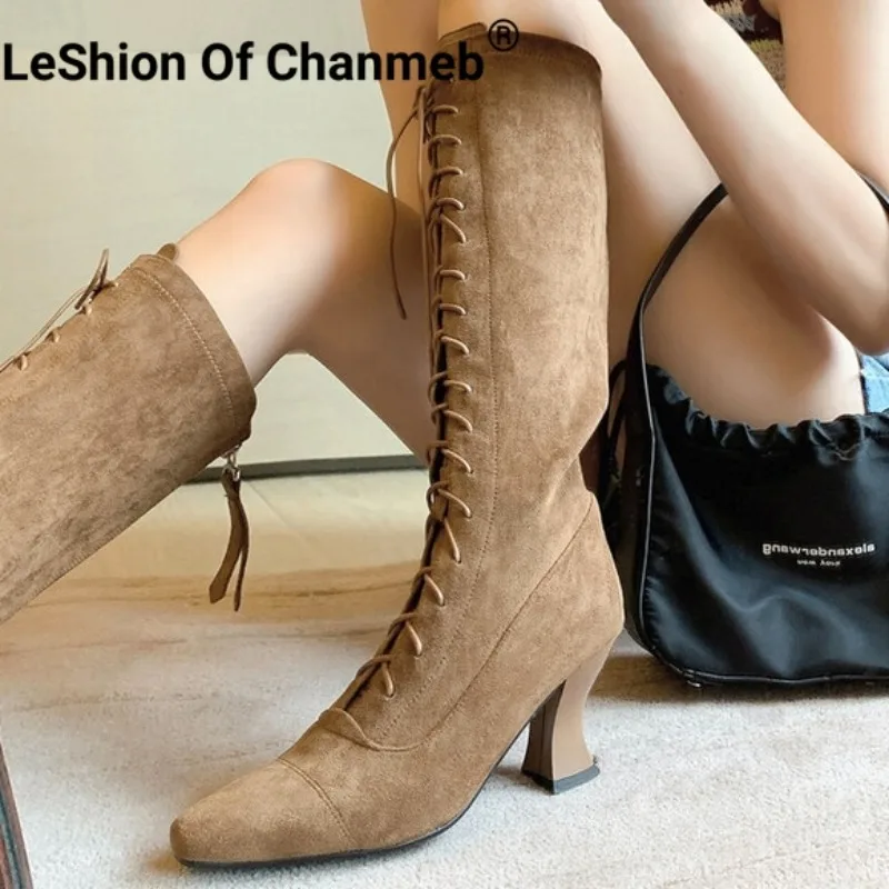 

LeShion Of Chanmeb Women Faux Suede Knee-high Boots Medium Heel Point Toe Zipper Boot Lace-up Lady Shoe Nude Autumn Winter 33-40