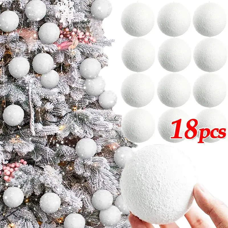 6/18PCS White Foam Christmas Balls Xmas Tree Hanging Snowball Ornament for Xmas New Year Wedding Party and Home Party Decoration
