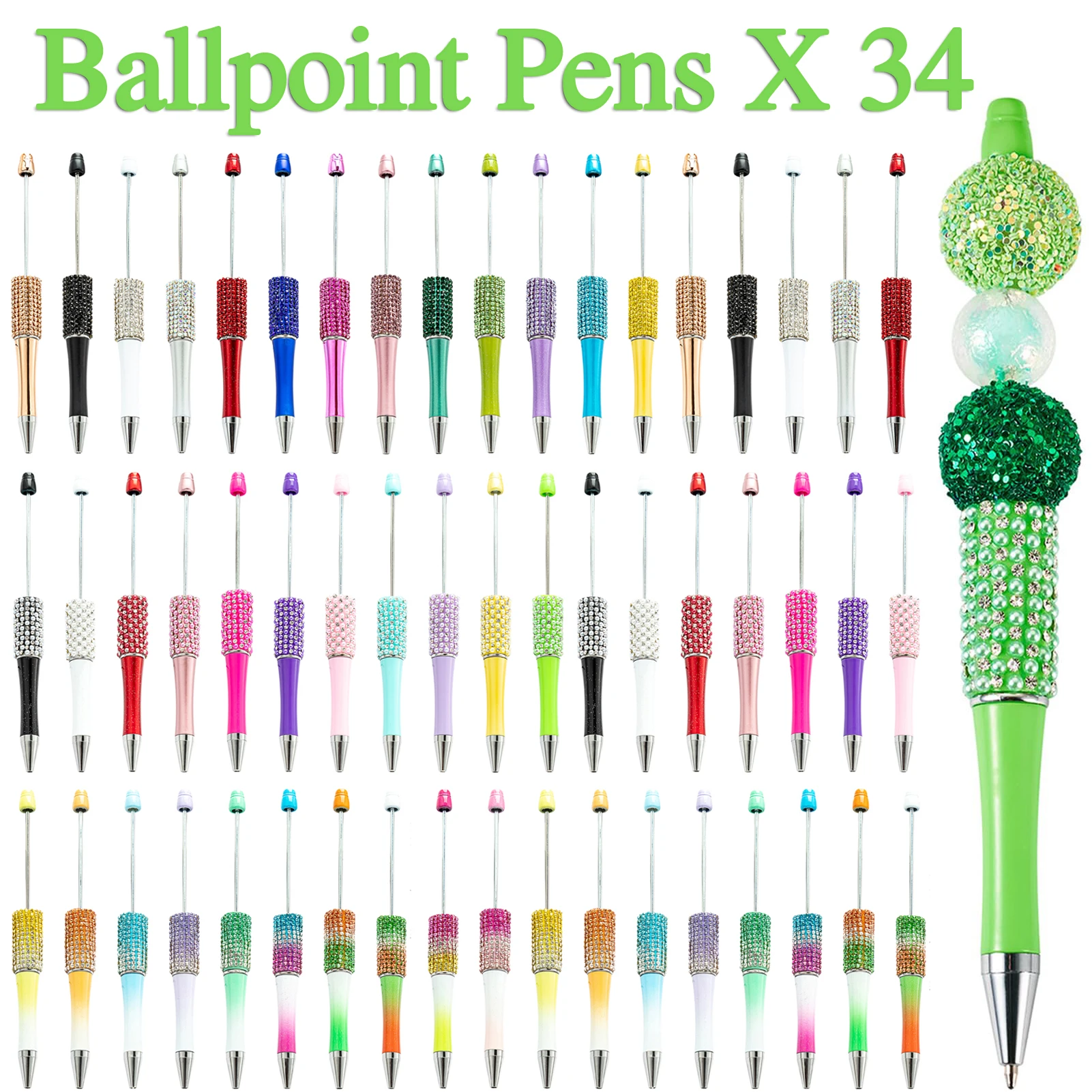 

34Pcs Beads Diamonds Beaded Pen Wholesale Creative DIY Plastic Glitter Beaded Ball Pen Diamond Beaded Pens for Writing