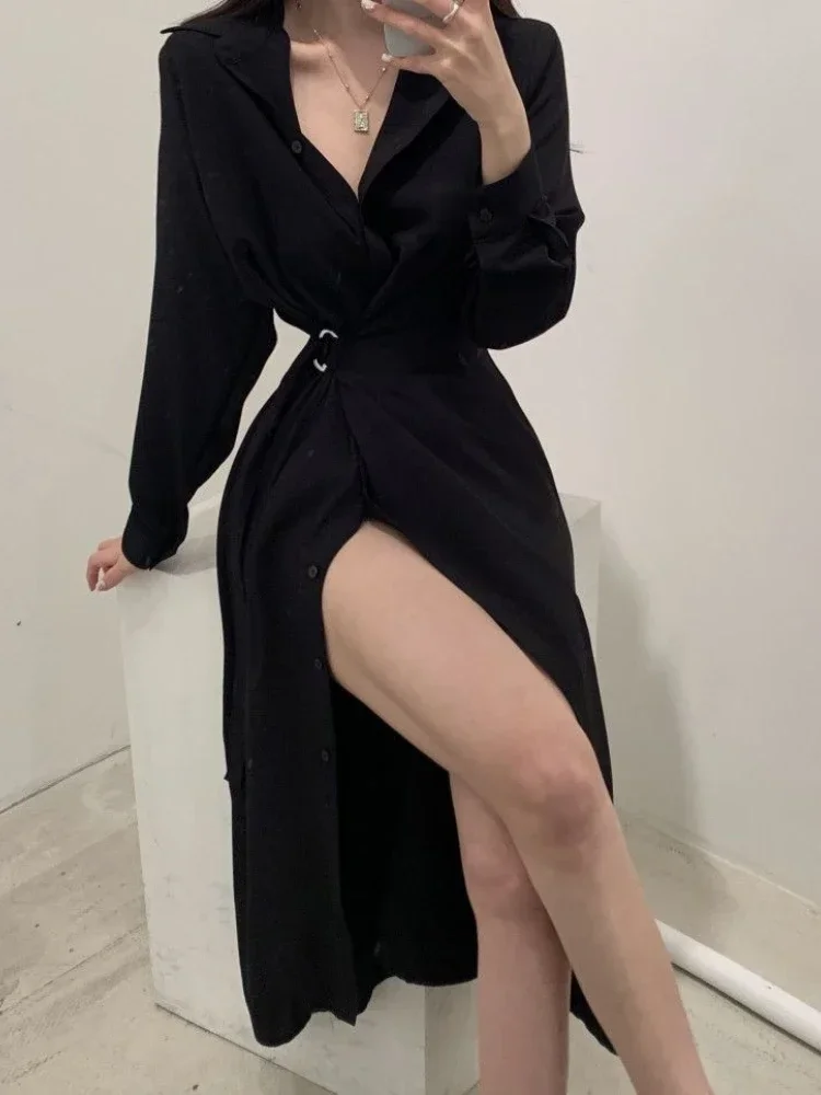 

Deeptown Korean Style Black Midi One Piece Dress Women Coquette Shirt Holiday Dresses Elegant Spilt Long Sleeve Winter Vestidos