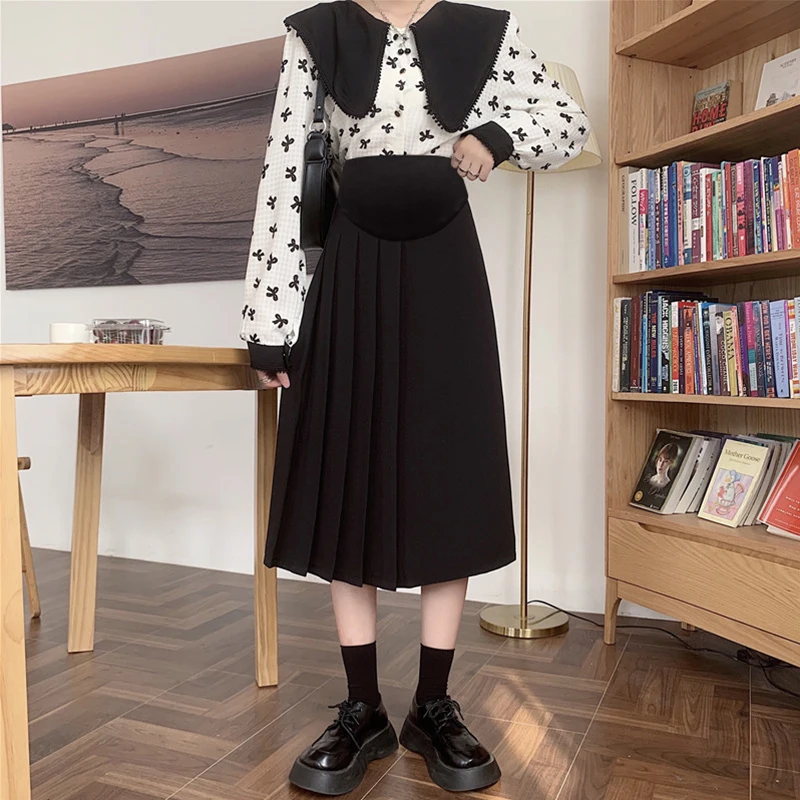 Short Maternity Suit Skirt Fashion High Waist Pleated Patchwork Pregnant Woman Midi Skirts for Spring