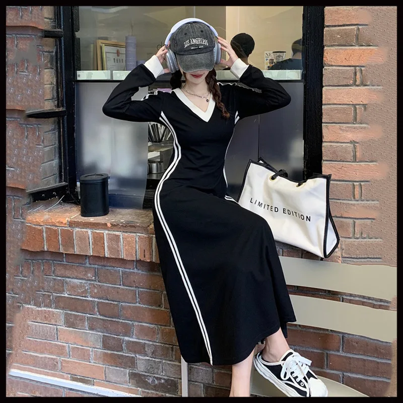 

Korean Fashion Striped V-neck Long Sleeve Dress Women Autumn Casual Loose Pacthwork Long Dresses Y2k Clothing Vestidos De Fiesta