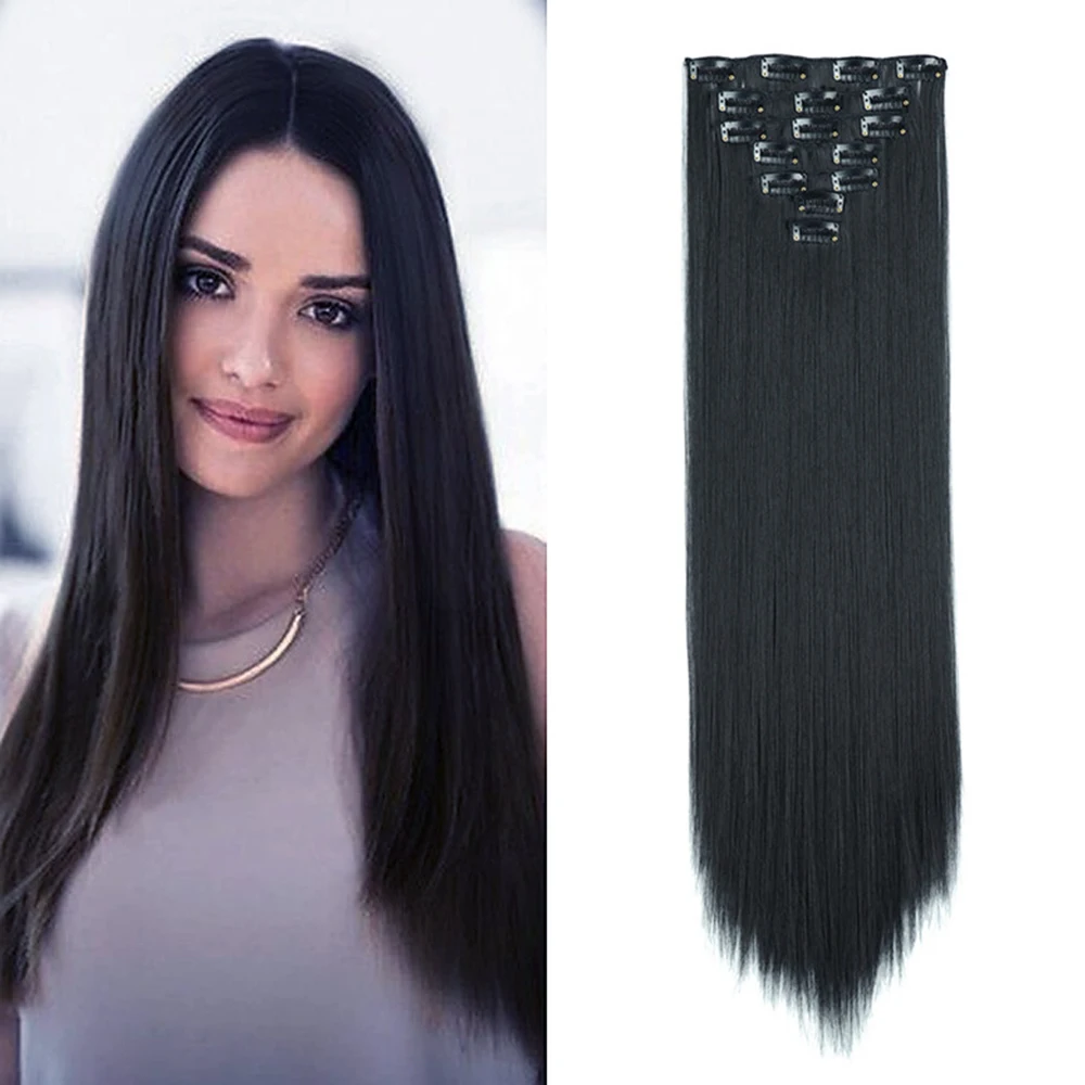 Extensiones de Cabello con Clip para mujer y niña, postizos sintéticos de estilo recto, cabello grueso de 22 pulgadas, aumento de volumen, 7 unids/set