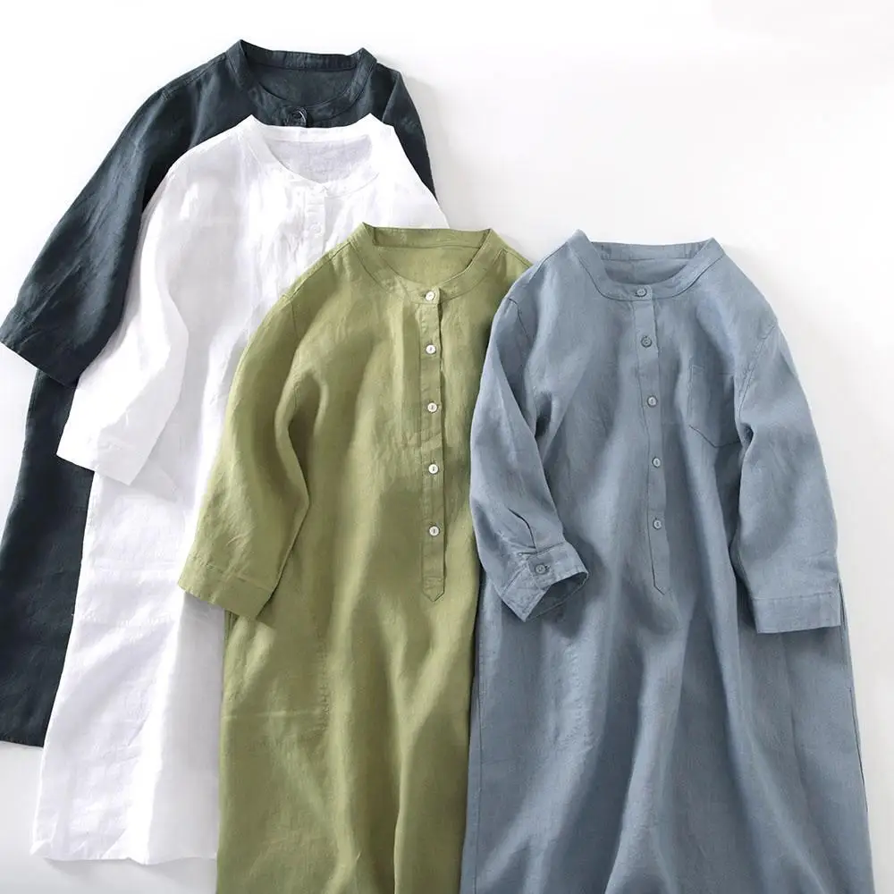 

Japanese 2022 Linen Dress Women's Solid Color Casual Ramie Shirt Skirt Loose Medium Sleeve Cotton Long Skirt