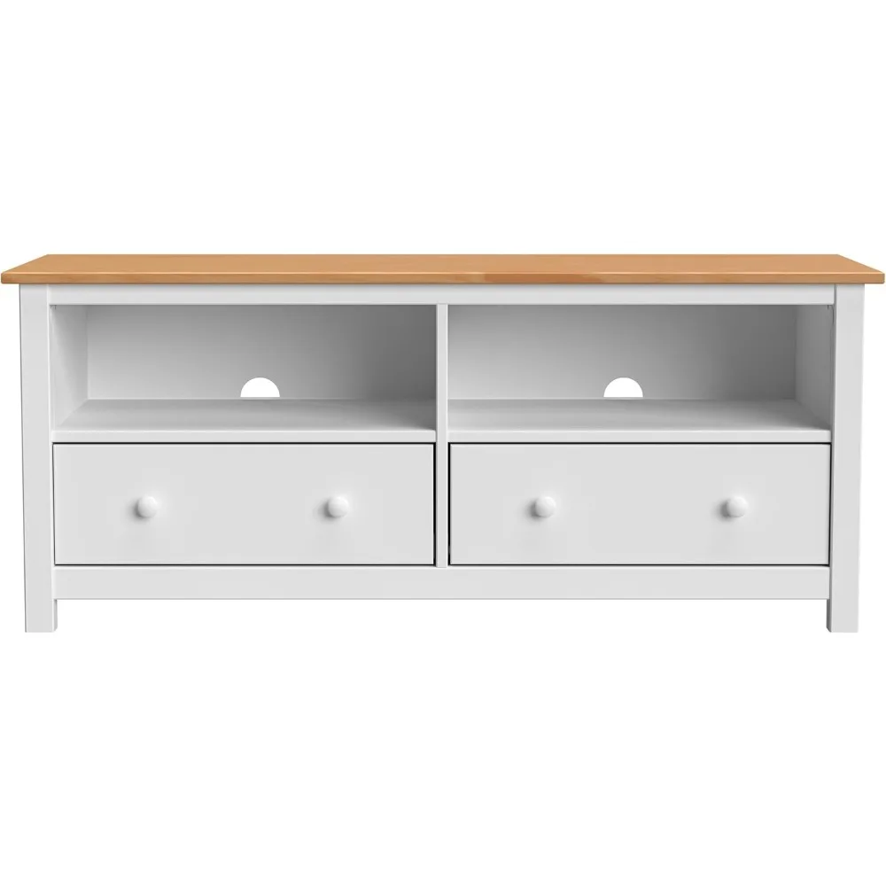 Handcrafted Solid Oak TV Stand Entertainment Center - Elegant White/Pine Media Console with Spacious Storage Drawers & Open Shel 3