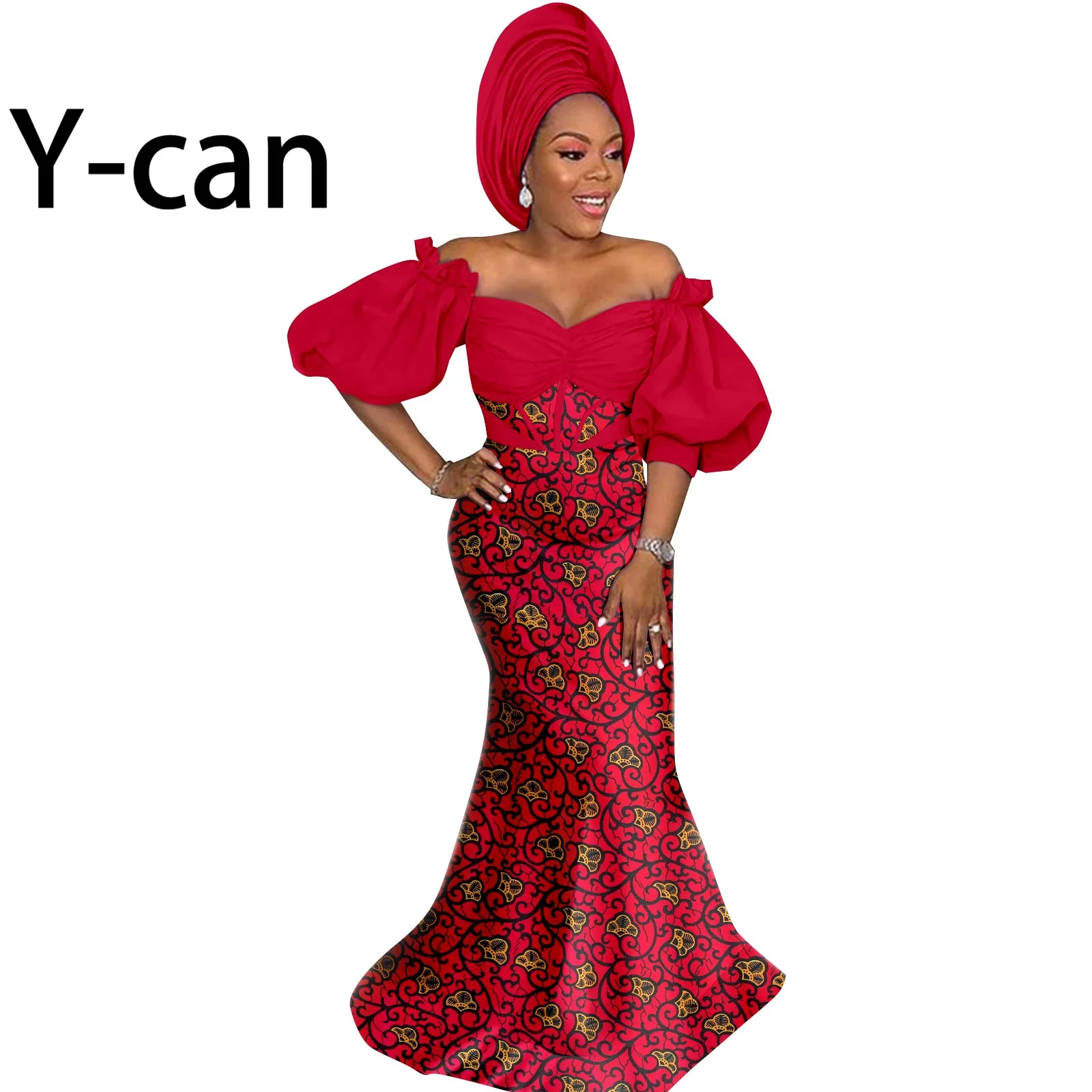 African Party Dresses for Women Dashiki Wax Print One Shoulder Ball Gown Match Headscarf Bazin Riche Lady Sexy Outfits Y2225041