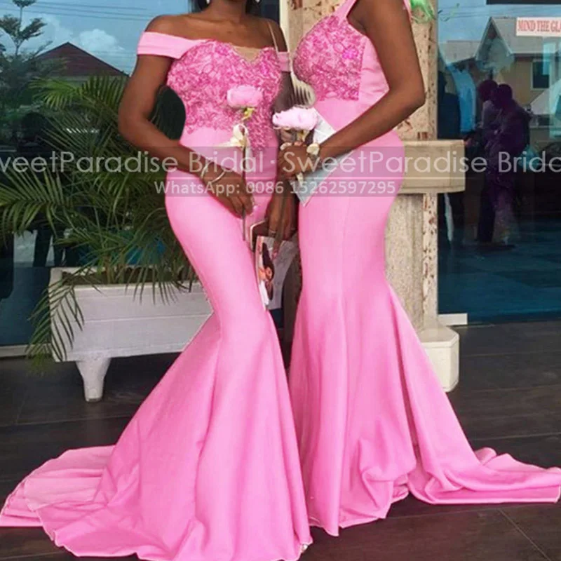 

Pink Appliques Off Shoulder Bridesmaid Dresses Mermaid Women Long Sweep Train Trumpet Maid Of Honor Party Dress Formal