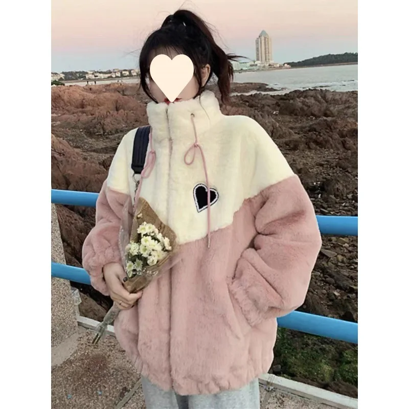 woman clothingy2ksuper fire instagram red show white lake blue plush lamb wool cold atmosphere field coat women s fashion Fashionable plush and thickened lamb wool hoodie for girls Pink Blue 2023 autumn and winter cotton Casual women jacket