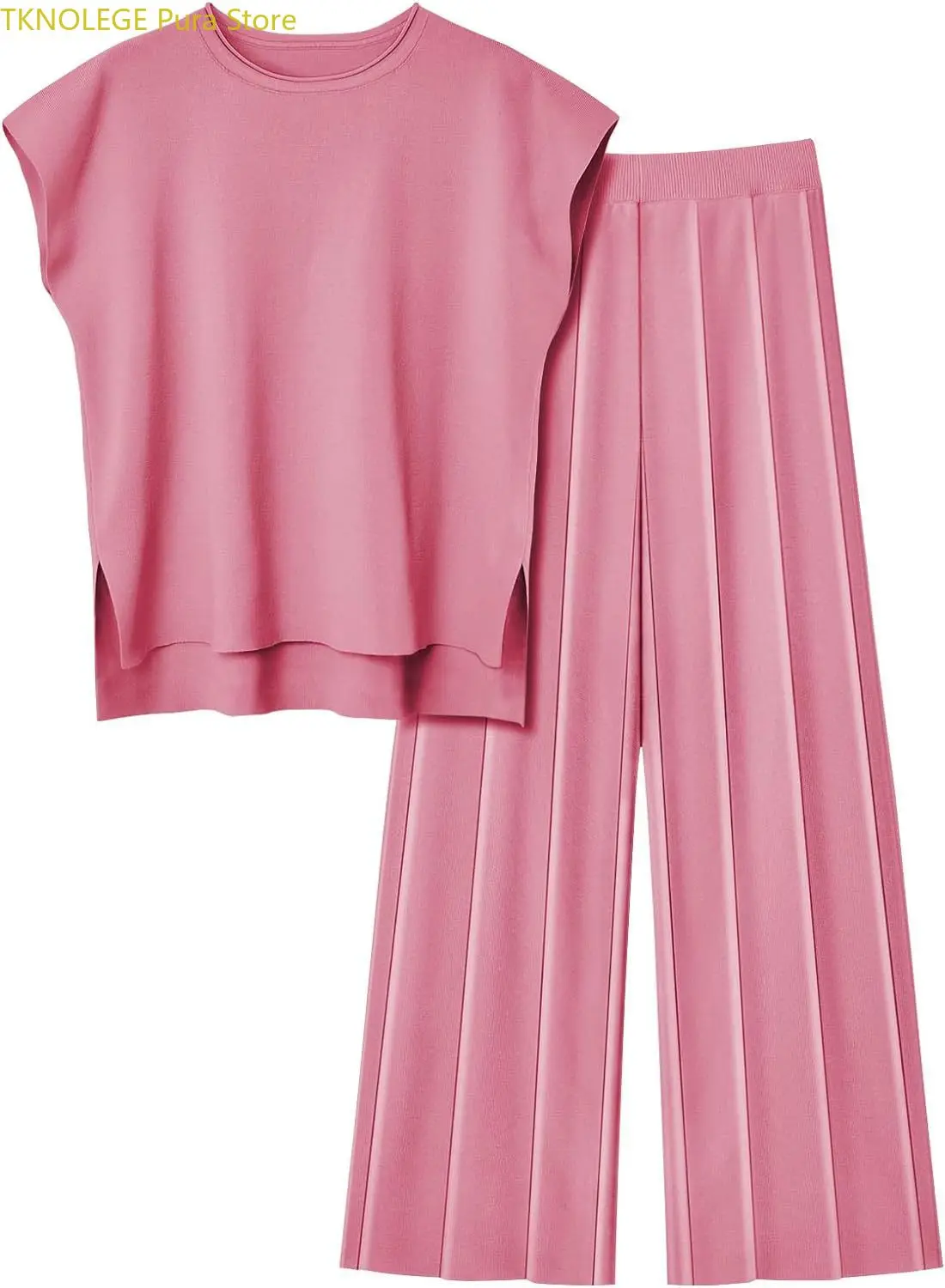 TKNOLEGE Knit Two-piece Set Women's Knit in Summer Air-conditioned Room Casual Suit Sleeveless Vest Sweater and Wide-leg Pants