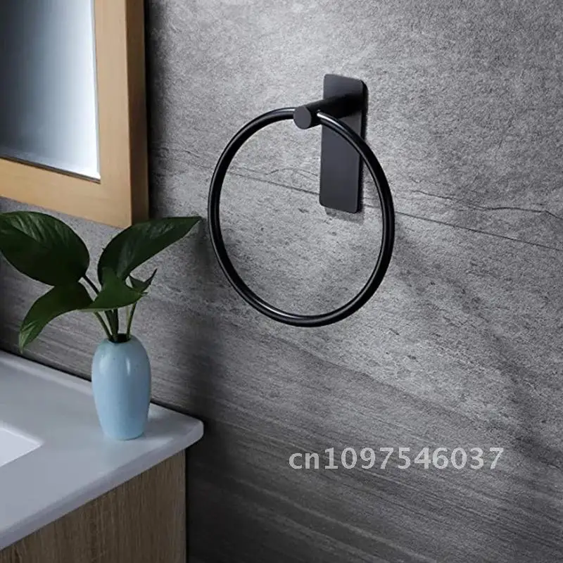 Towel Ring/Hand Towel Holder-Self Adhesive Round Bar Bathroom, Black Stainless Rack for Hand Steel
