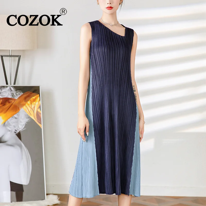 

COZOK Casual Square Collar Pleated Women Dress 2023 New Slim Mid Length Sleeveless Contrasting Colors Dresses Female WT791