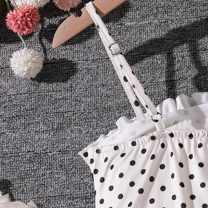 Mädchenkleid mit Punktemuster für 8-12 Jahre, Vordere Spaghettiträger, Mehrlagiger Rüschensaum/Hinten Einfarbiges Punktemuster, Bequemes Alltagskleid für Kinder – Detail 9