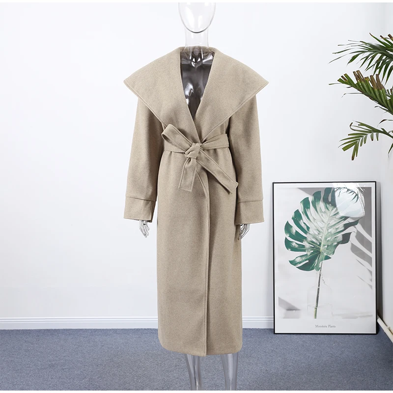 Solide Große Revers Gürtel Lange Woolen Frauen Mantel Elegante Volle Hülse Spitze Up Mantel 2025, Herbst Winter Wrap Stil Oberbekleidung – Detail 1