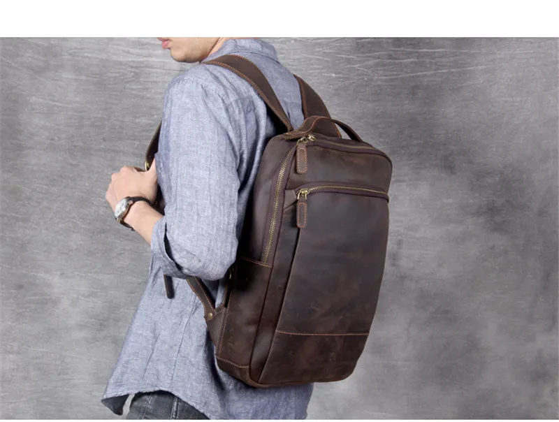 PNDME Vintage Einfache Crazy Horse Rindsleder Echtes Leder männer frauen Rucksack Große Kapazität Laptop Rucksack Reise Büchertaschen – Detail 4