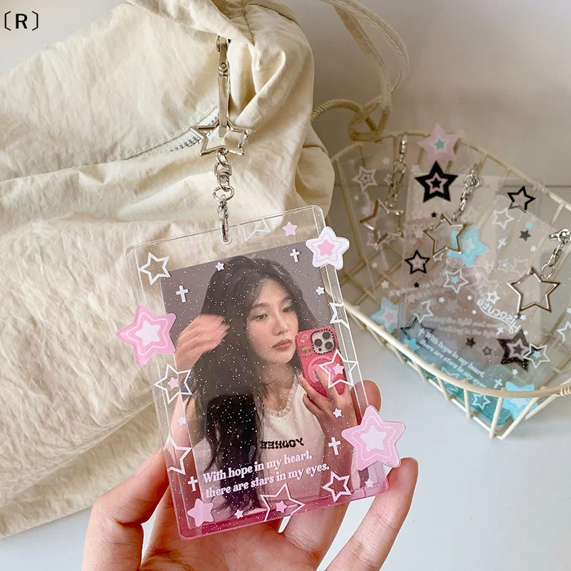 〔R〕글리터 스타 포토카드 홀더 키체인 포함 아크릴 포토 카드 홀더 ID 배지 버스 카드 홀더 아이돌 사진 프레임〔겨울2〕