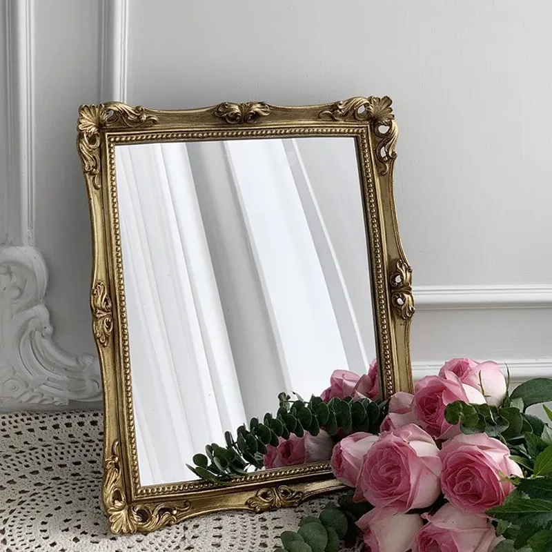 Resin Rectangular Large Gold Mirror Vintage Home Decor Nordic Table Standing Hanging Wall Bedroom Make-up