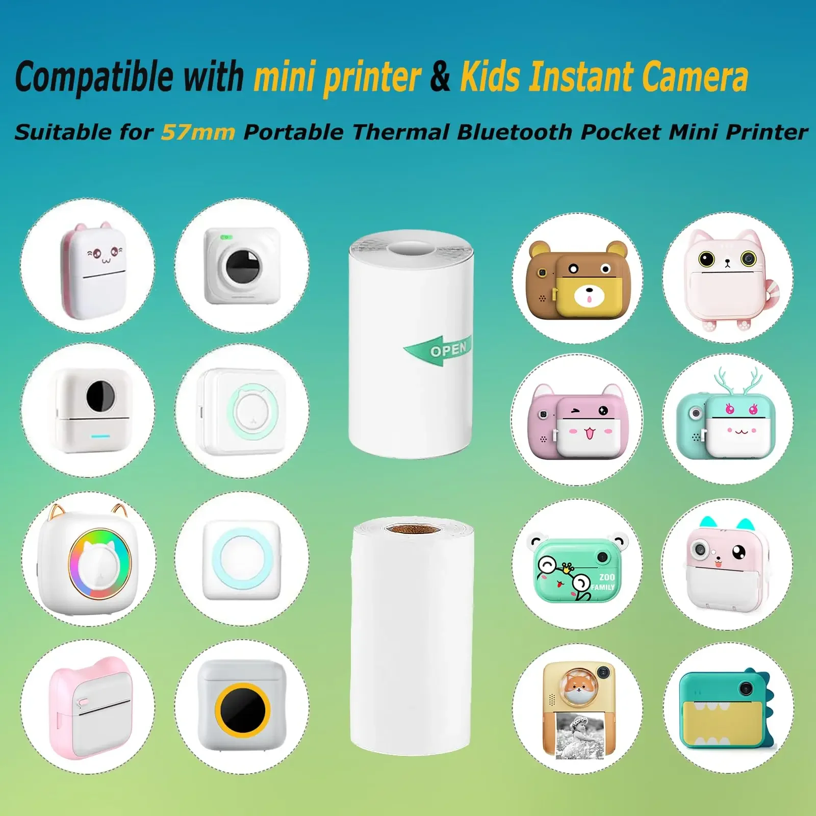 Mini Thermal Printer Paper Rolls Thermal Plain Paper for Mini Portable Printers, 57mm, Suitable for Inkless Sticker Printers