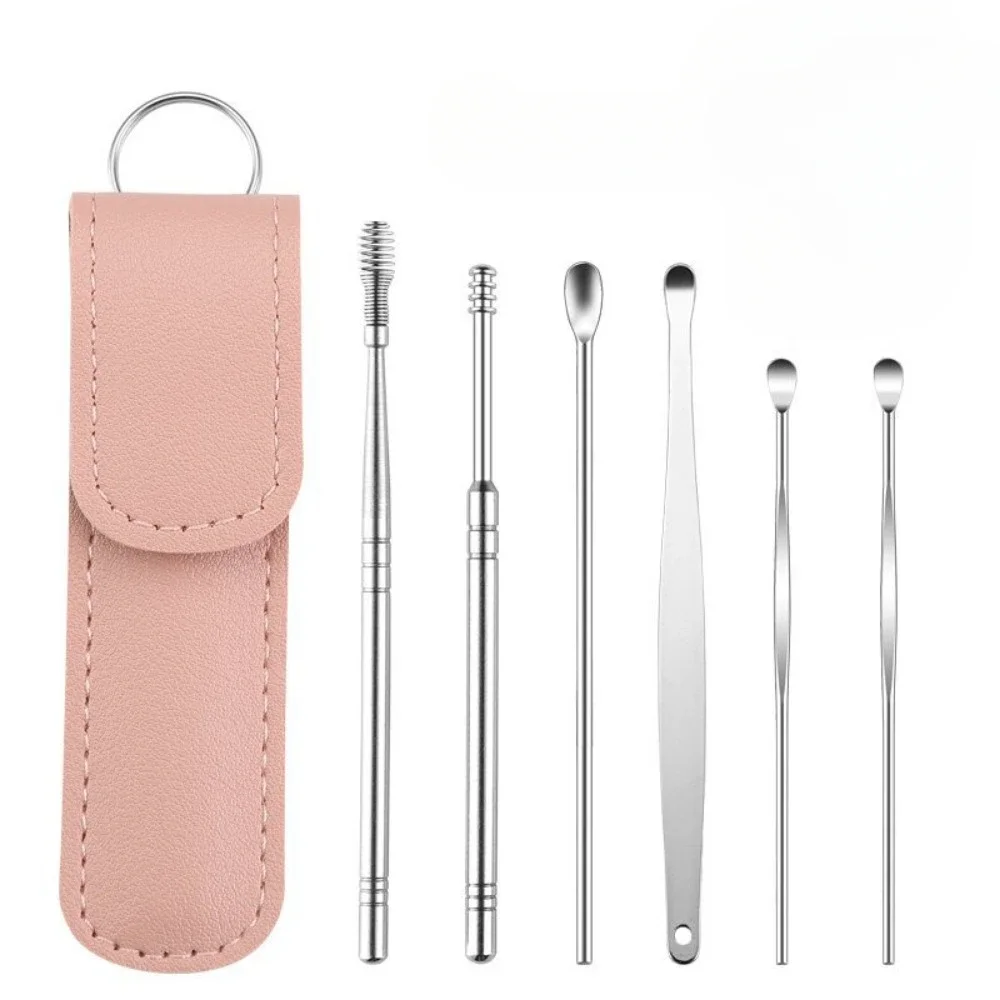Stainless Steel Ear Digging Spoon Leather Cover 6pc Cleaner Scoop Double-Headed Spiral Cleaning Health Care Ear Picking Tool Set 5