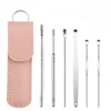 Stainless Steel Ear Digging Spoon Leather Cover 6pc Cleaner Scoop Double-Headed Spiral Cleaning Health Care Ear Picking Tool Set 5