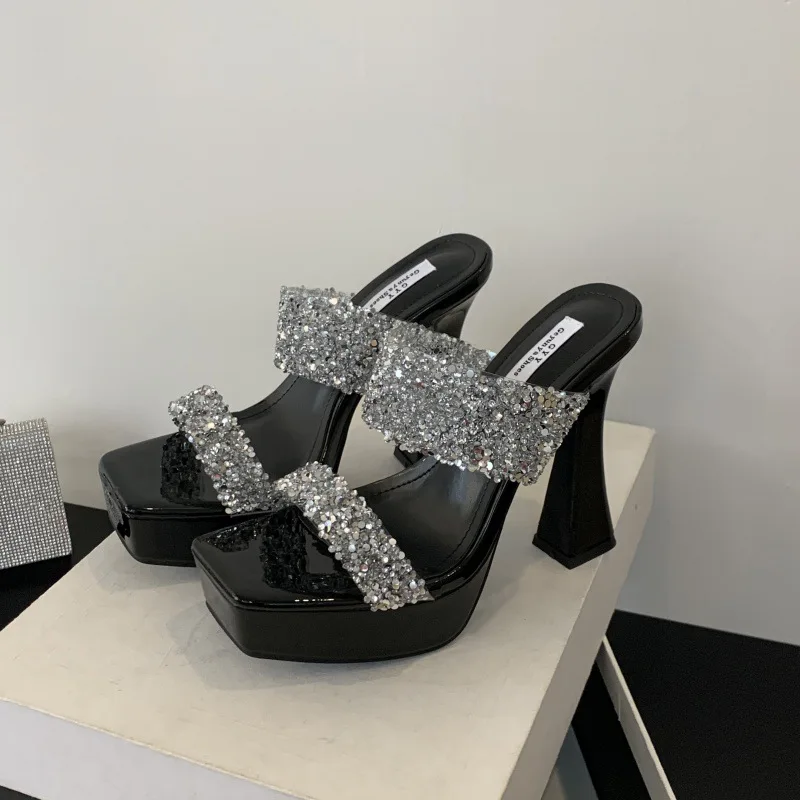 

Шлепанцы женские блестящие, квадратный носок, квадратная подошва, квадратная подошва, квадратная Летняя обувь на платформе, Квадратные Туфли-мюли, квадратный носок, квадратный каблук, лето 2024