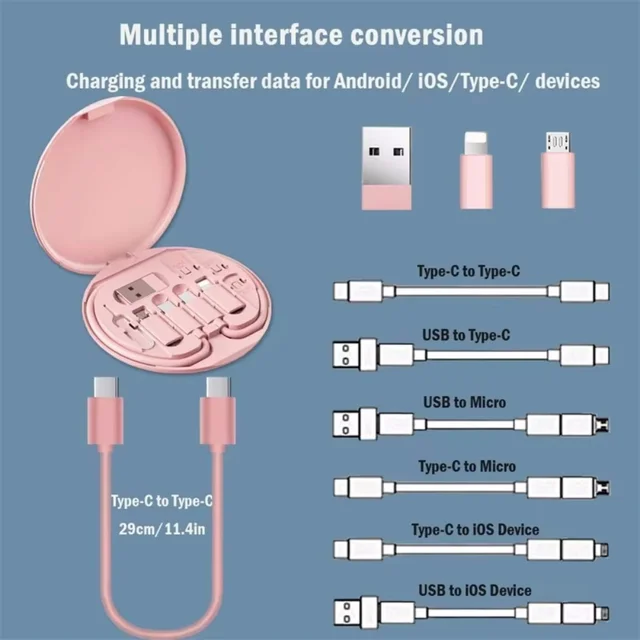 60W Multi Type-C To USB C To Micro USB To Lighting Fast Charging Phone Cable Kit for IPhone 14 13 15 Pro Data Cable Storage Box 3