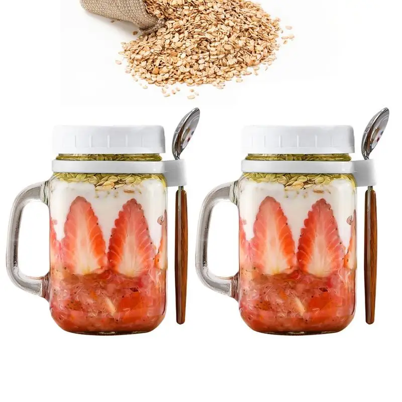 Overnight Oats Jars Portable Spoons Handle With Lids Vegetable Fruit Over  Night Portable Cereal And Yogurt Glass Mason Jars - AliExpress