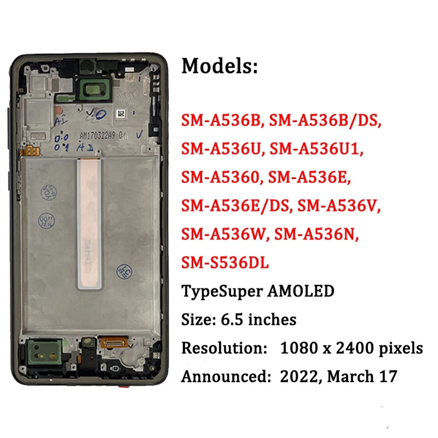 Premium Super AMOLED Display with Touch Screen & Frame Assembly for Samsung A53 5G Repair